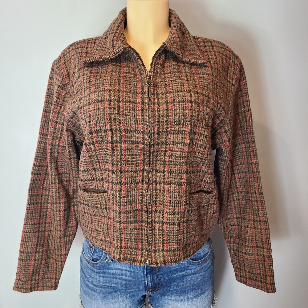 Vtg American Outpost Plaid Full Zip Jacket Women Sz M Academia Old Money Preppy